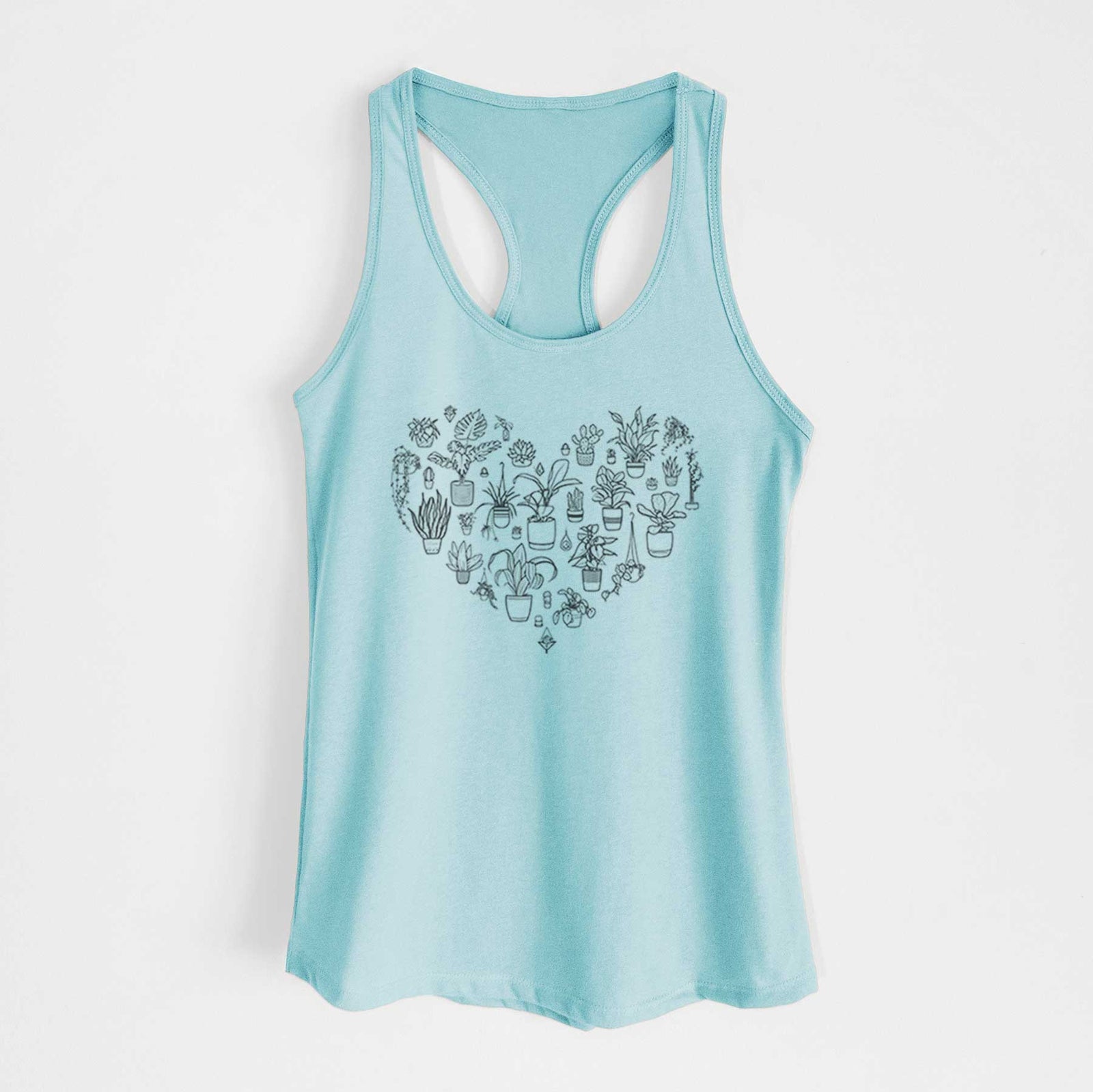 Banana cream women's racerback tank top laid flat, printed with a heart shape filled with black ink potted houseplants.