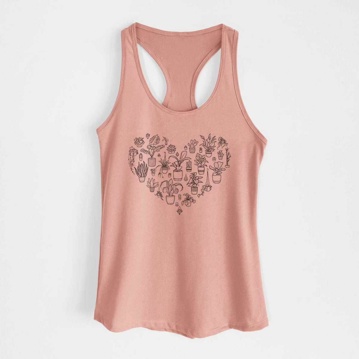 Desert pink women's racerback tank top laid flat, printed with a heart shape filled with black ink potted houseplants.