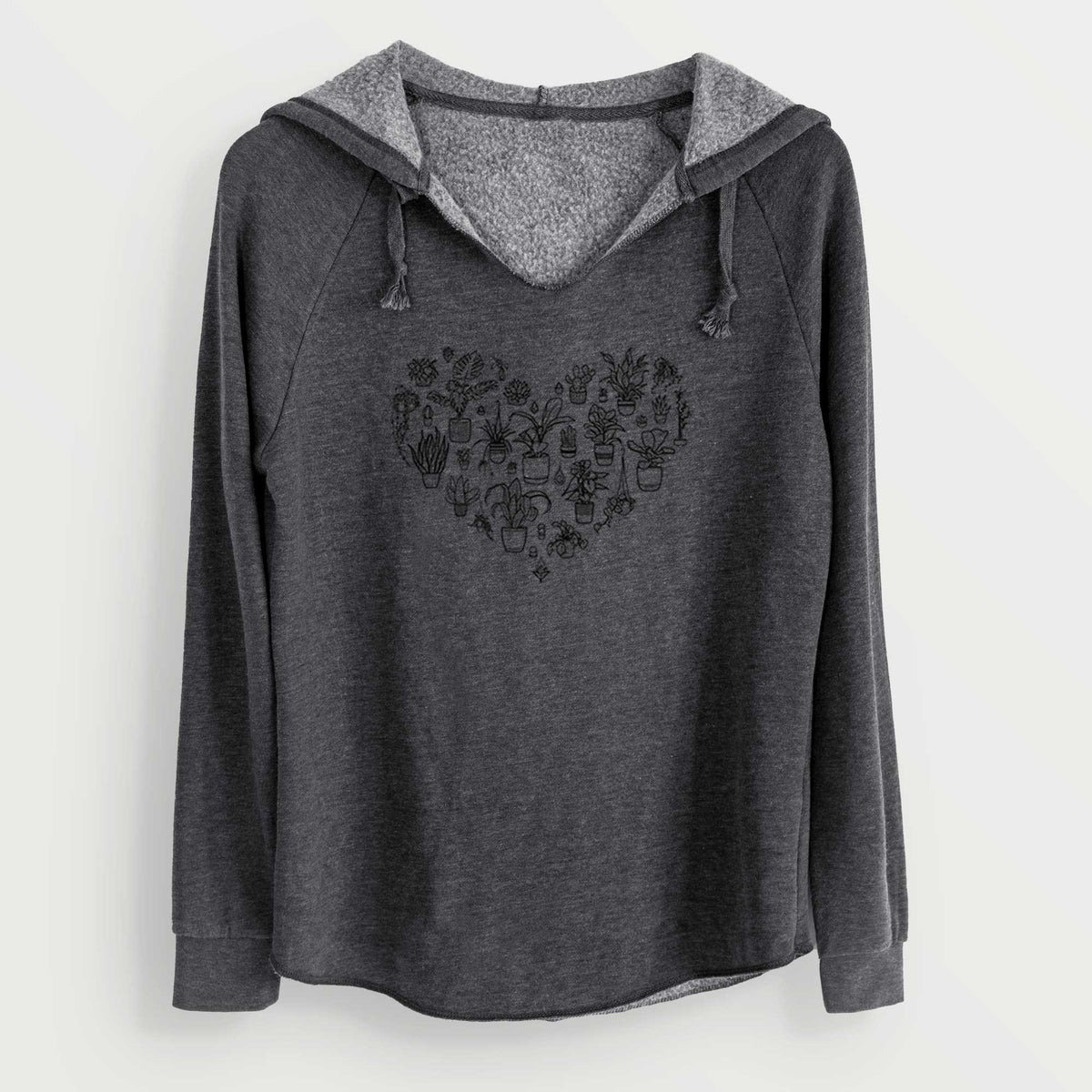 Charcoal grey women's Cali Wave hooded sweatshirt laid flat, printed with a heart shape filled with black ink potted houseplants.