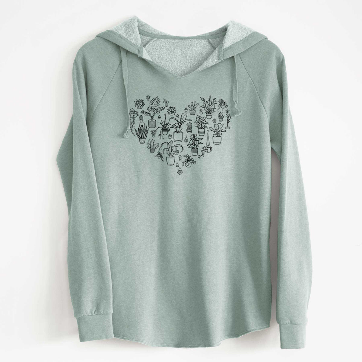 Sage green women's Cali Wave hooded sweatshirt laid flat, printed with a heart shape filled with black ink potted houseplants.