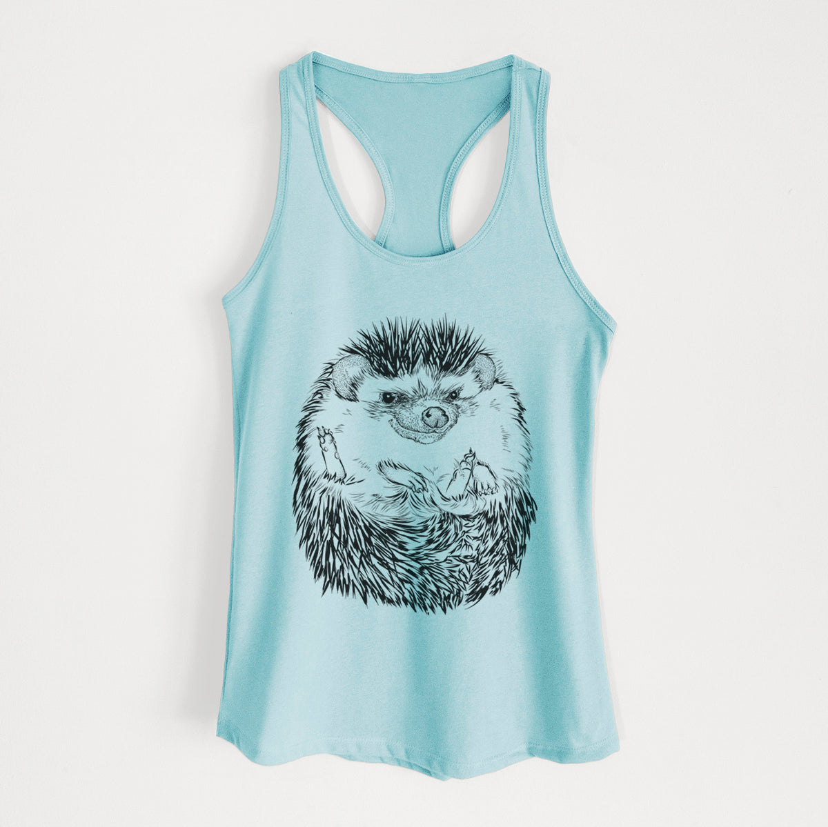 Cancun blue women's racerback tank top laid flat, printed with a detailed black ink illustration of a hedgehog curled up and facing forward.