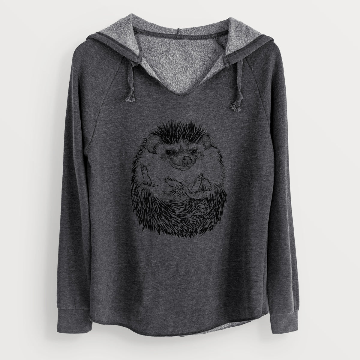 Charcoal grey women's Cali Wave hooded sweatshirt laid flat, printed with a detailed black ink illustration of a hedgehog curled up and facing forward.