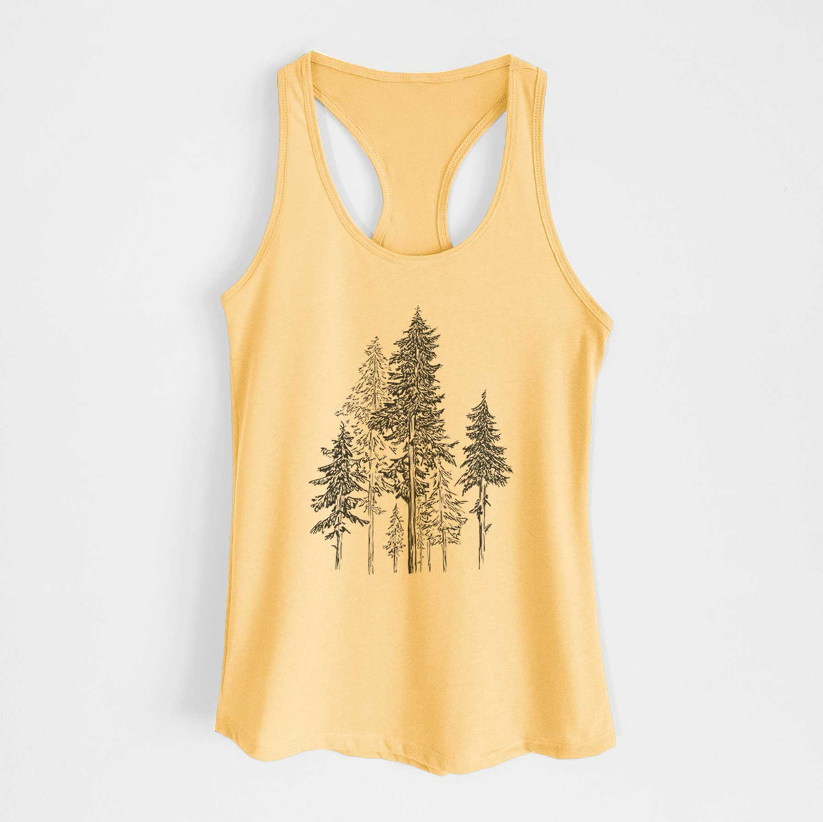 Banana cream women's racerback tank top laid flat, printed with a black ink illustration of a forest of tall hemlock trees.