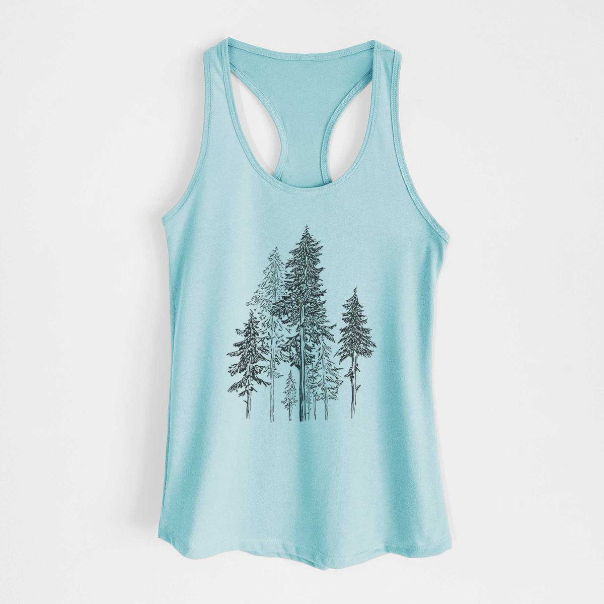 Cancun blue women's racerback tank top laid flat, printed with a black ink illustration of a forest of tall hemlock trees.