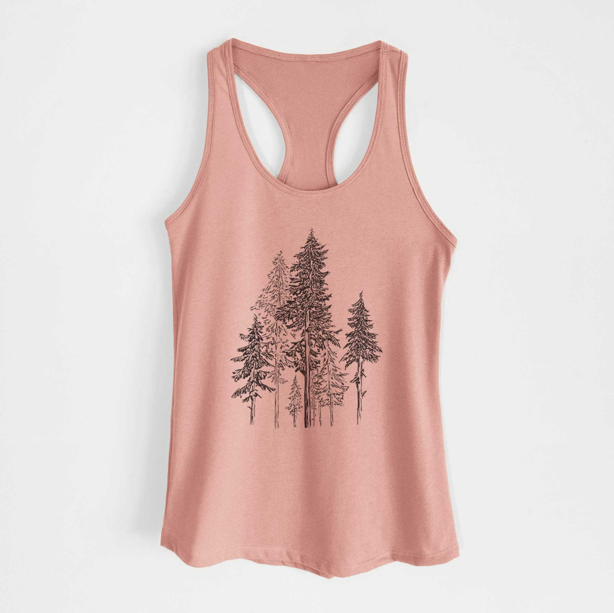 Desert pink women's racerback tank top laid flat, printed with a black ink illustration of a forest of tall hemlock trees.
