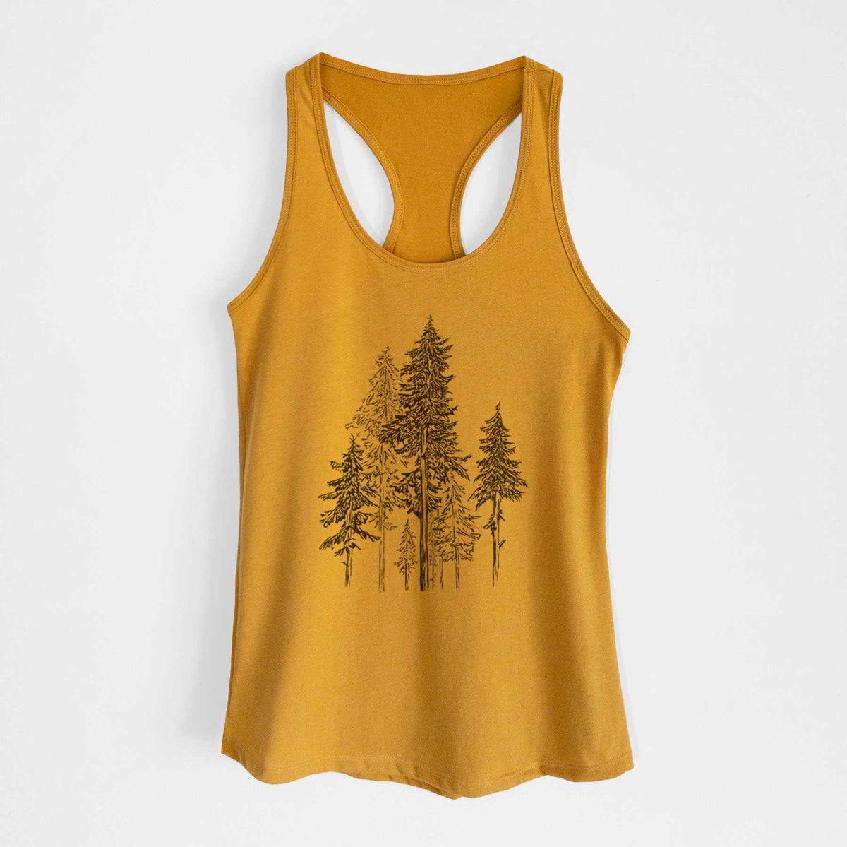 Gold women's racerback tank top laid flat, printed with a black ink illustration of a forest of tall hemlock trees.