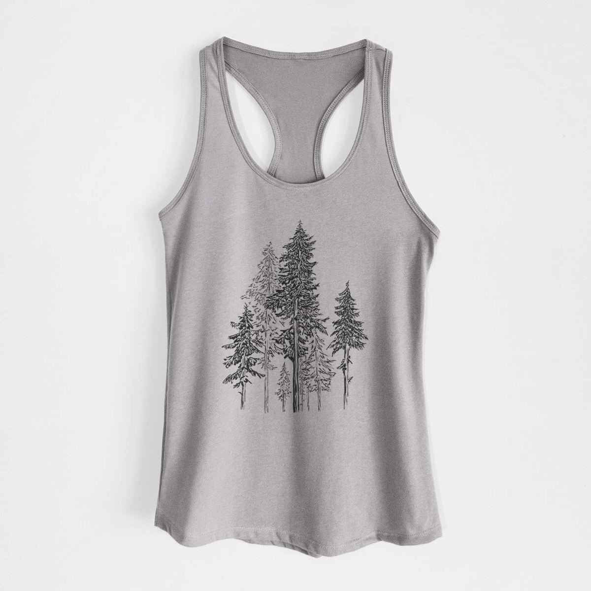 Heather grey women's racerback tank top laid flat, printed with a black ink illustration of a forest of tall hemlock trees.
