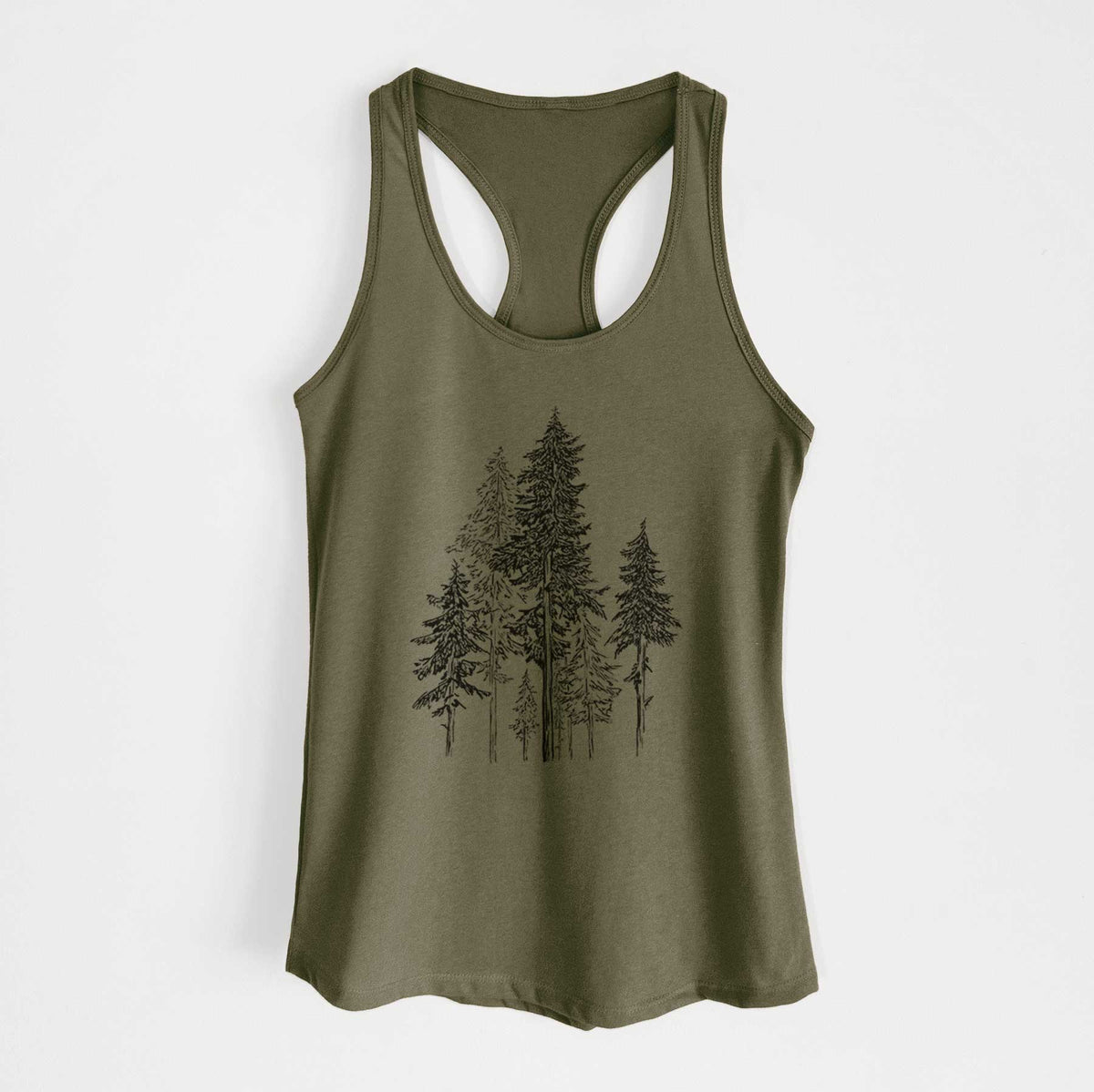 Military green women's racerback tank top laid flat, printed with a black ink illustration of a forest of tall hemlock trees.