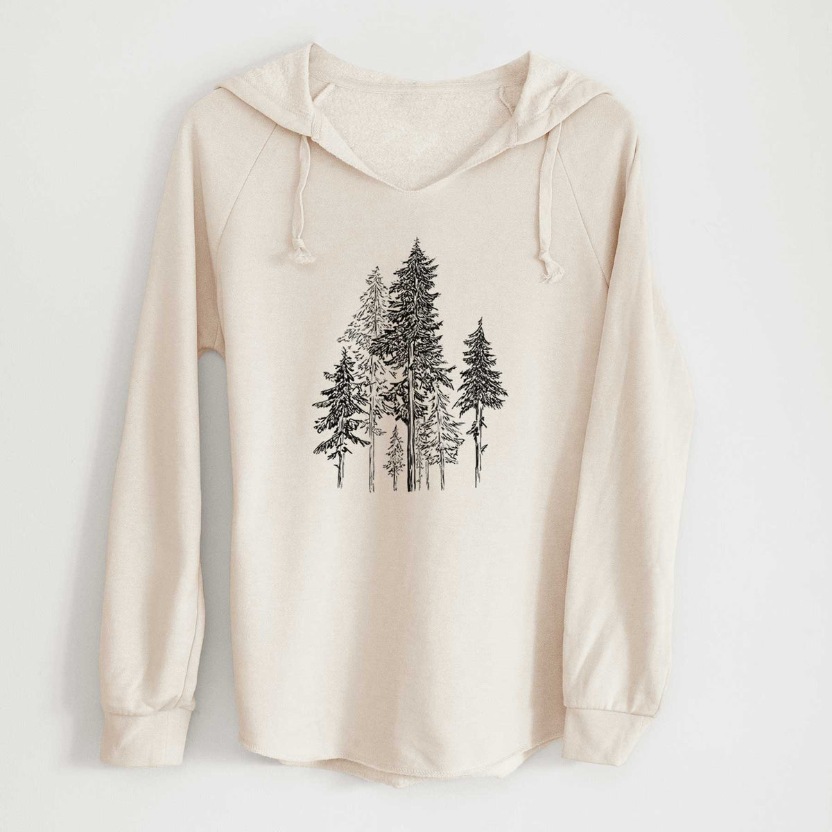 Bone cream women's Cali Wave hooded sweatshirt laid flat, printed with a black ink illustration of a forest of tall hemlock trees.