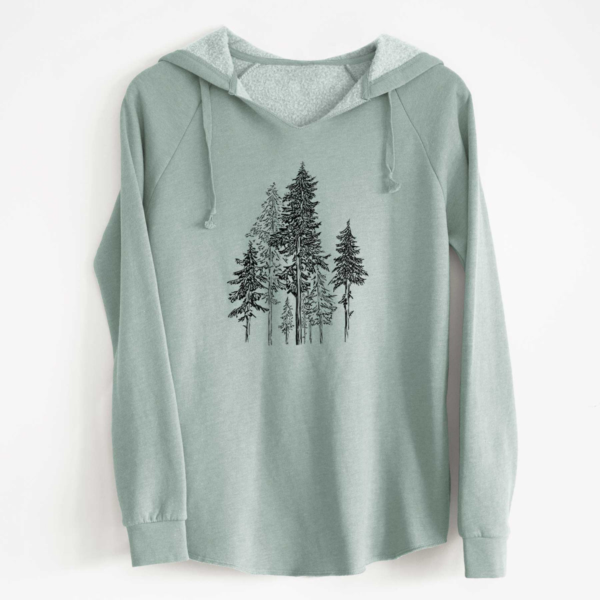 Sage green women's Cali Wave hooded sweatshirt laid flat, printed with a black ink illustration of a forest of tall hemlock trees.