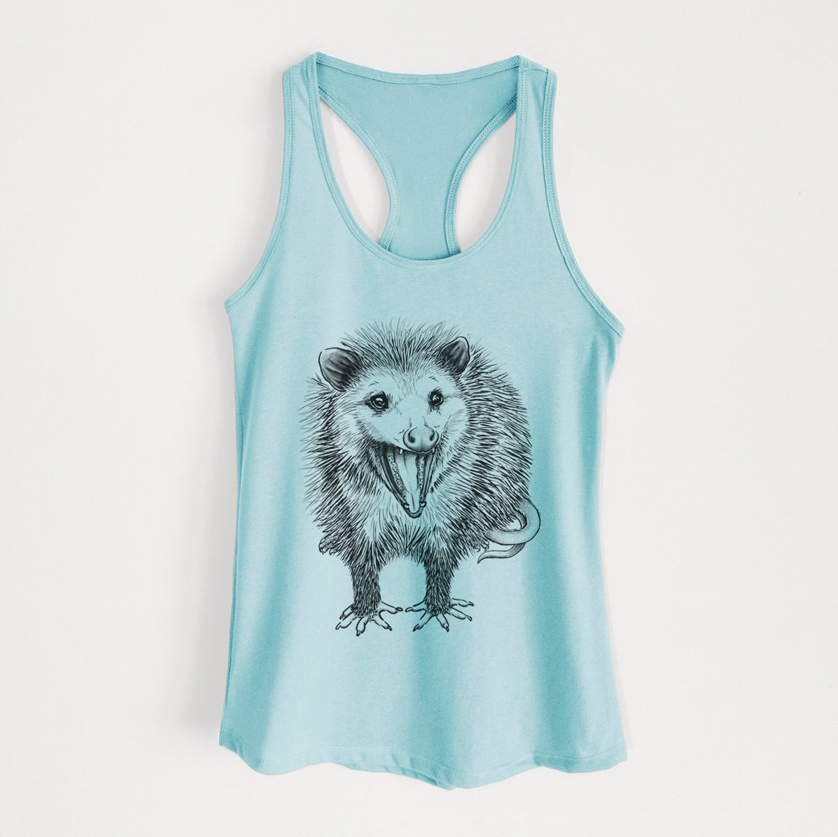 Cancun blue women's racerback tank top laid flat, printed with a detailed black ink illustration of an opossum standing and facing forward, mouth open wide in a hiss, with shaggy fur and its tail curled behind.