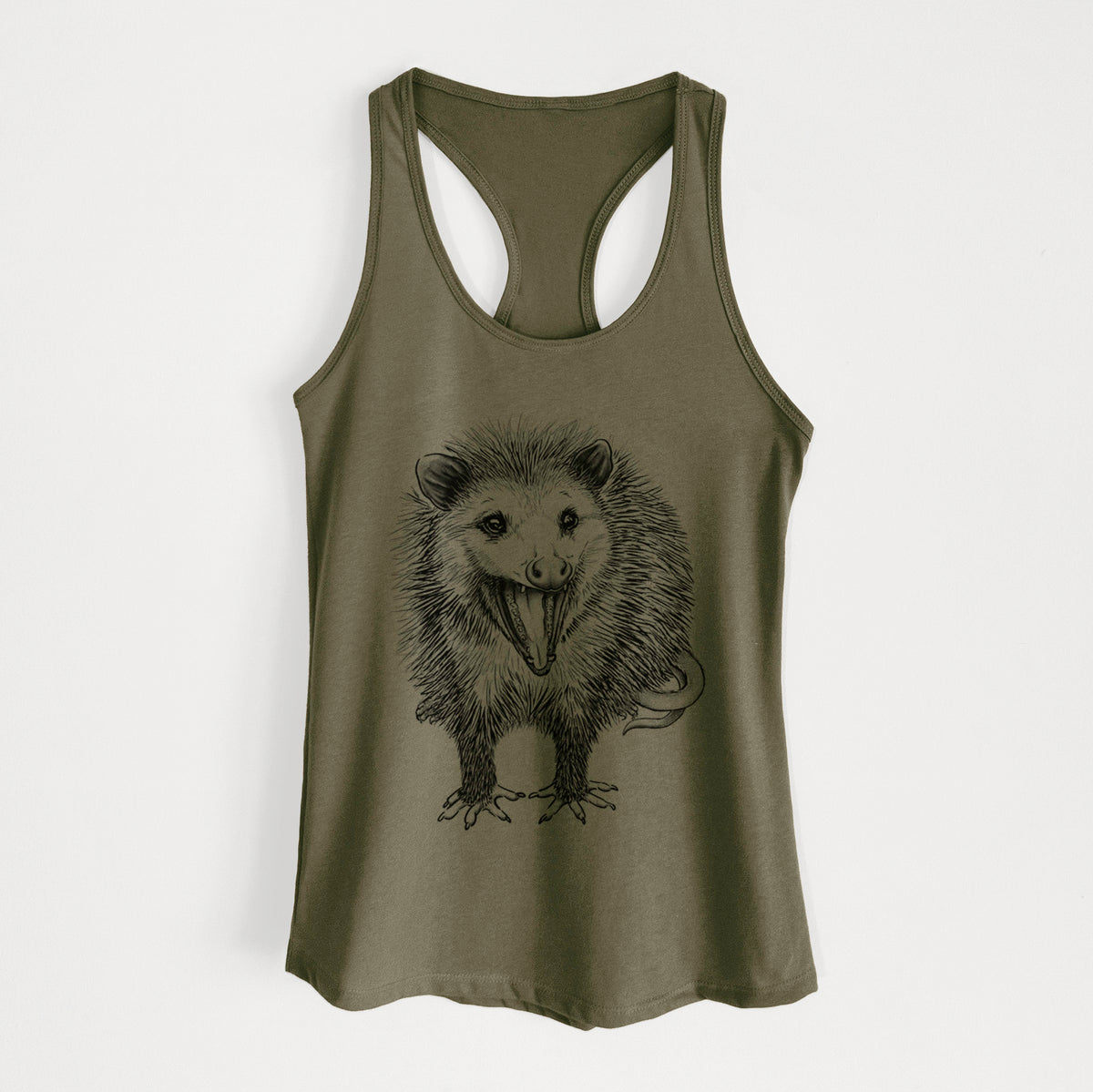 Military green women's racerback tank top laid flat, printed with a detailed black ink illustration of an opossum standing and facing forward, mouth open wide in a hiss, with shaggy fur and its tail curled behind.