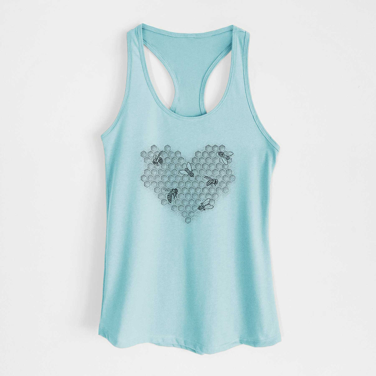 Cancun blue women's racerback tank top laid flat, printed with a black ink heart made of honeycomb cells with small bees crawling across it.