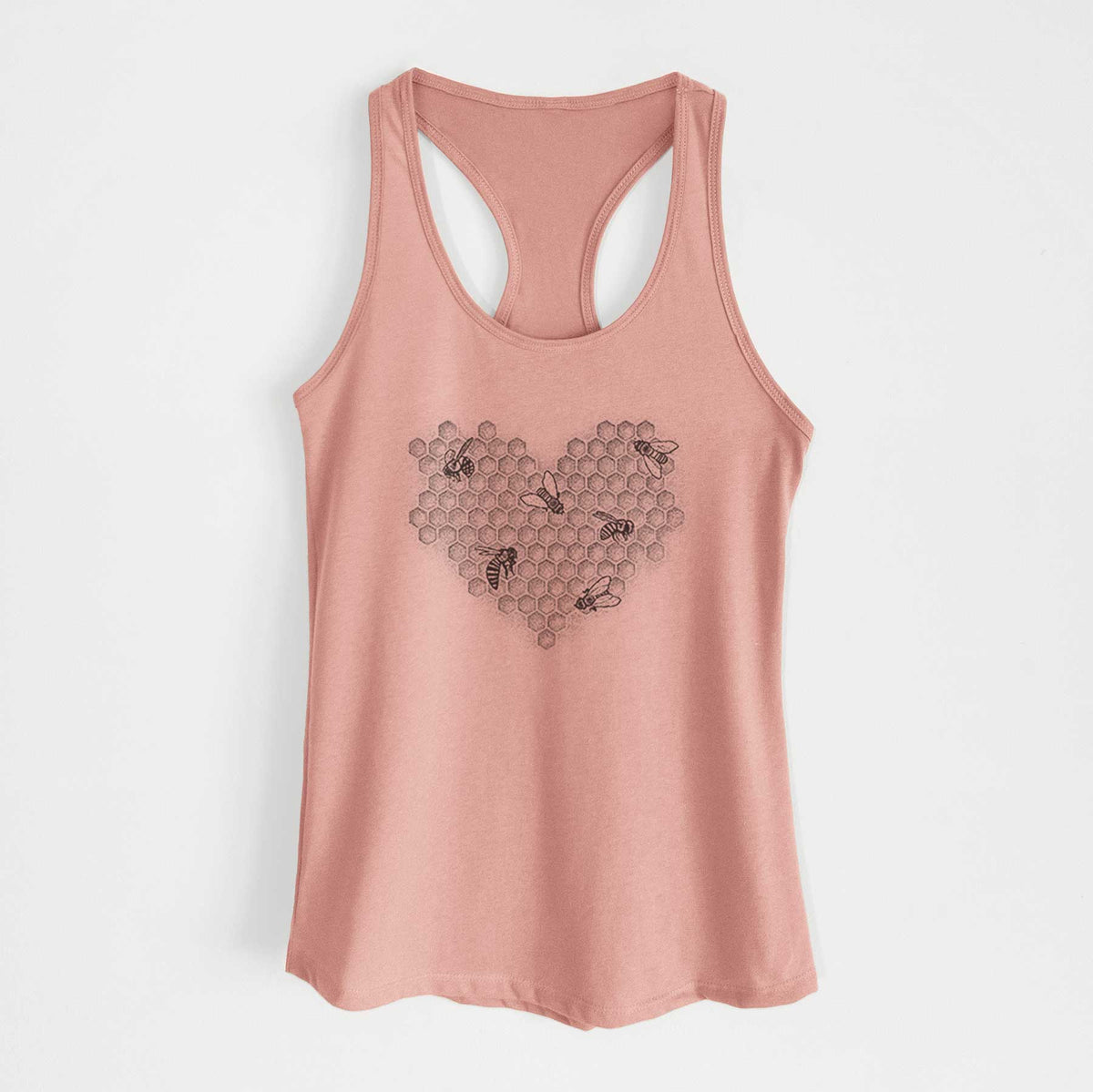 Desert pink women's racerback tank top laid flat, printed with a black ink heart made of honeycomb cells with small bees crawling across it.