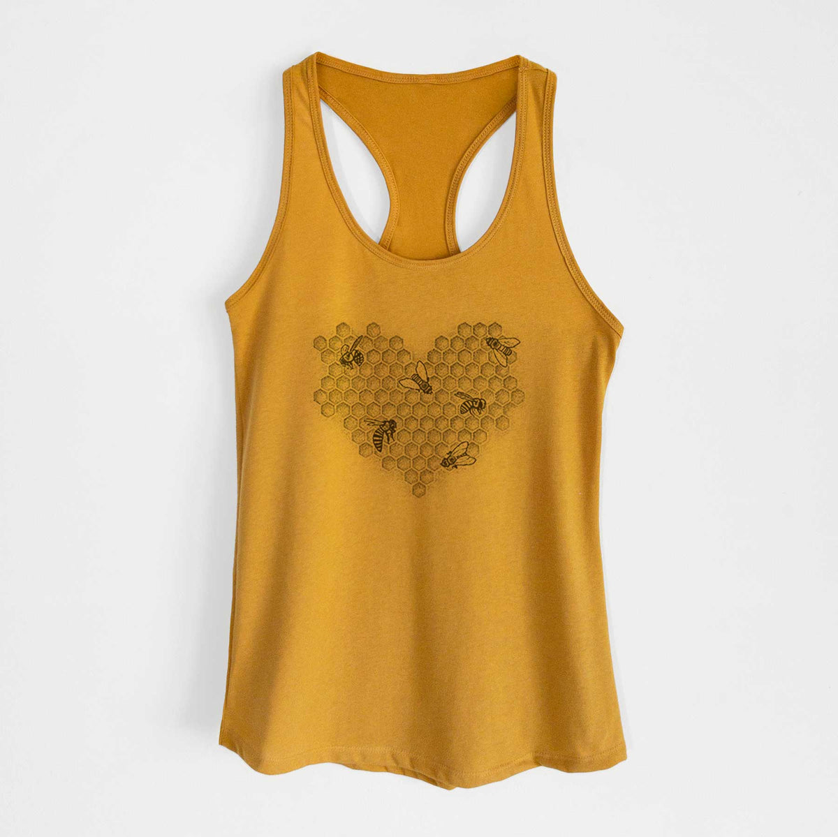 Gold women's racerback tank top laid flat, printed with a black ink heart made of honeycomb cells with small bees crawling across it.