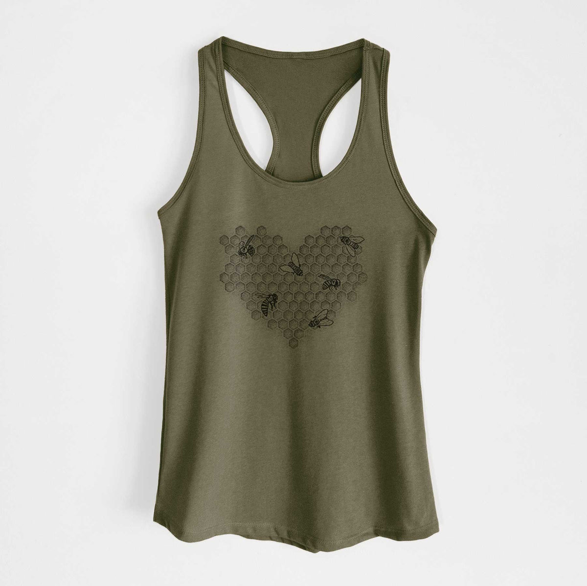 Military green women's racerback tank top laid flat, printed with a black ink heart made of honeycomb cells with small bees crawling across it.