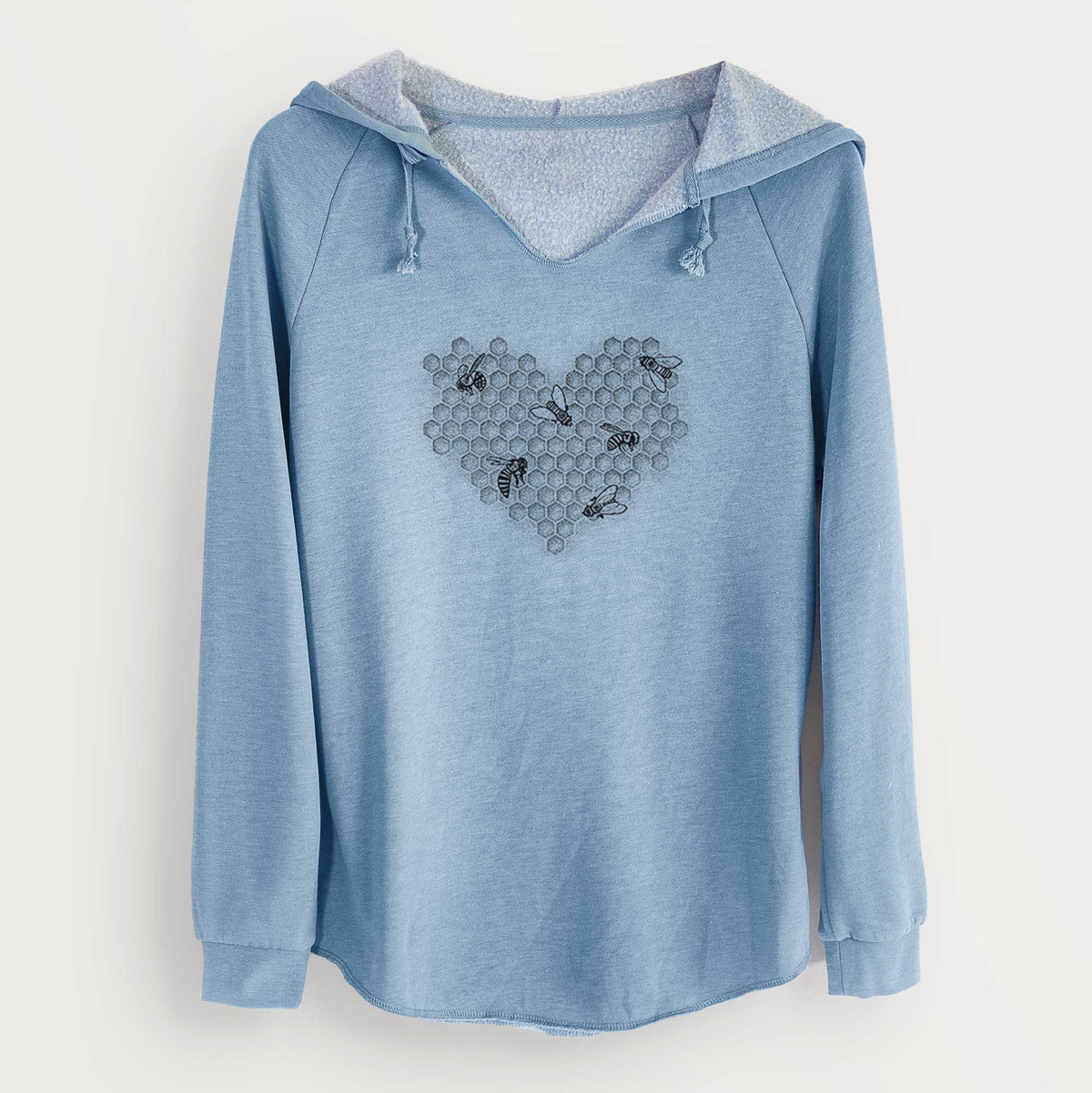 Misty blue women's Cali Wave hooded sweatshirt laid flat, printed with a black ink heart made of honeycomb cells with small bees crawling across it.