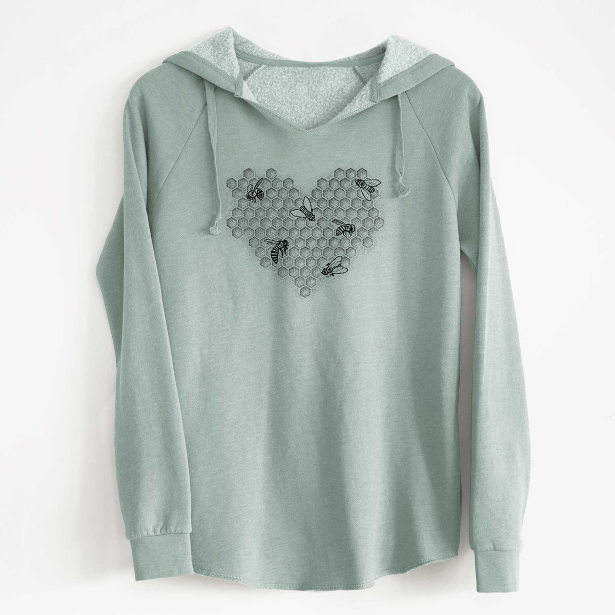 Sage green women's Cali Wave hooded sweatshirt laid flat, printed with a black ink heart made of honeycomb cells with small bees crawling across it.