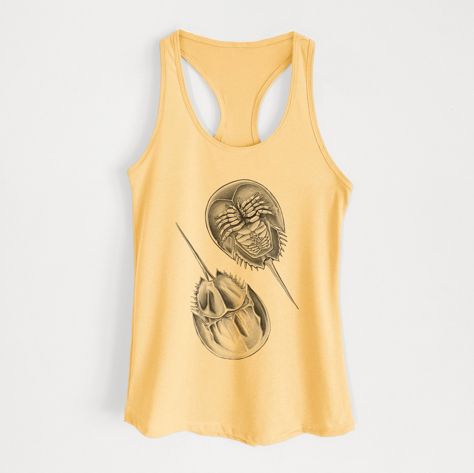 Cancun blue women's racerback tank top laid flat, printed with a detailed black ink illustration of two horseshoe crabs.