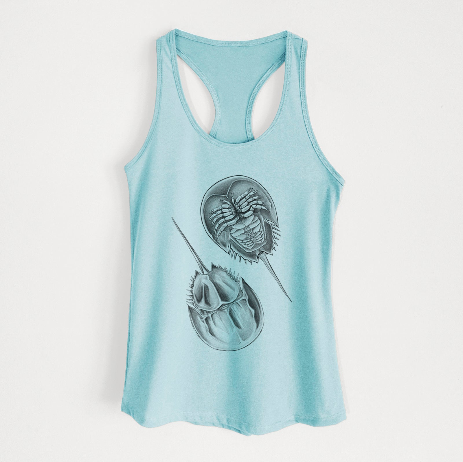 Cancun blue women's racerback tank top laid flat, printed with a detailed black ink illustration of two horseshoe crabs.