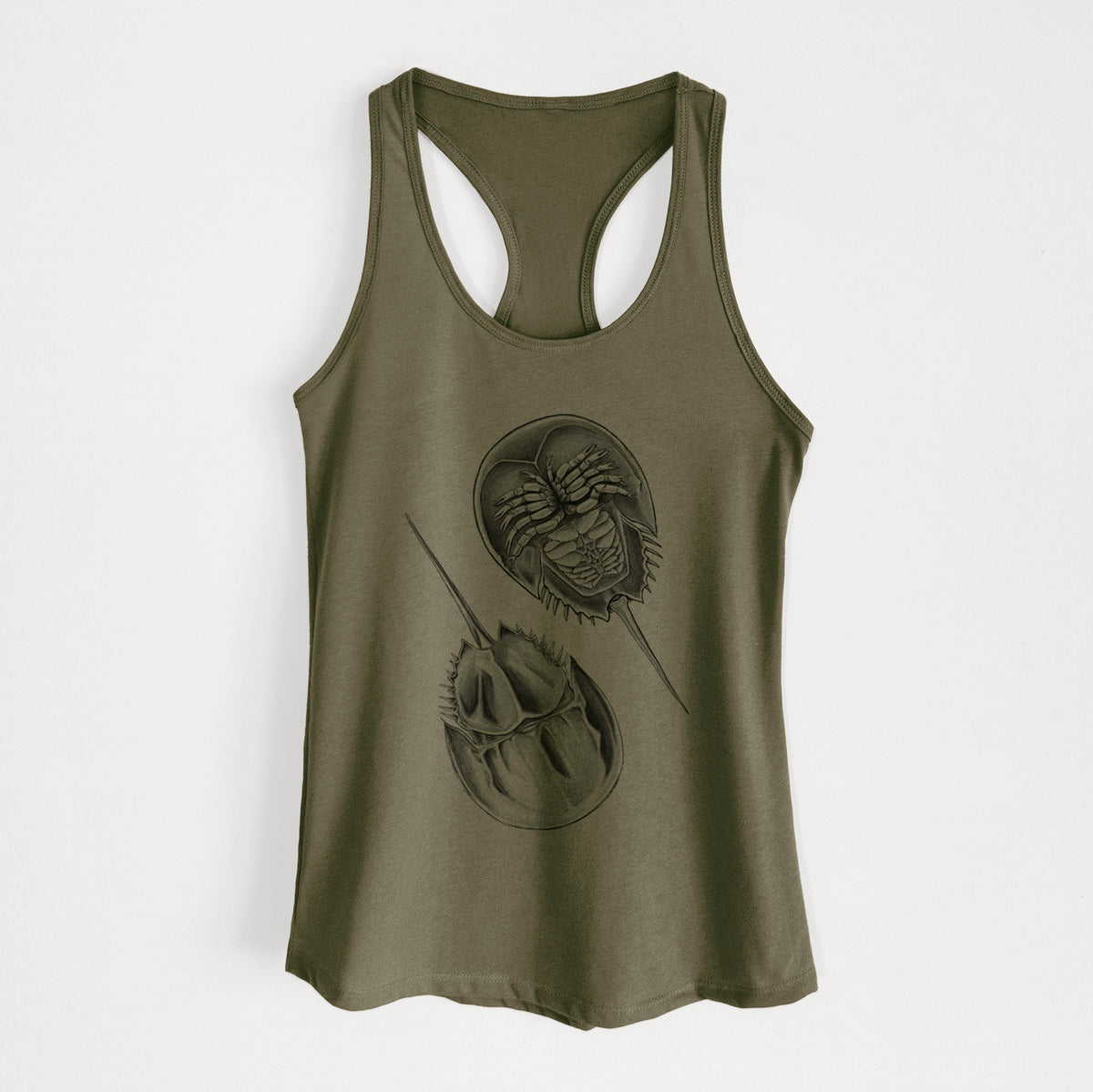 Military green women's racerback tank top laid flat, printed with a detailed black ink illustration of two horseshoe crabs.