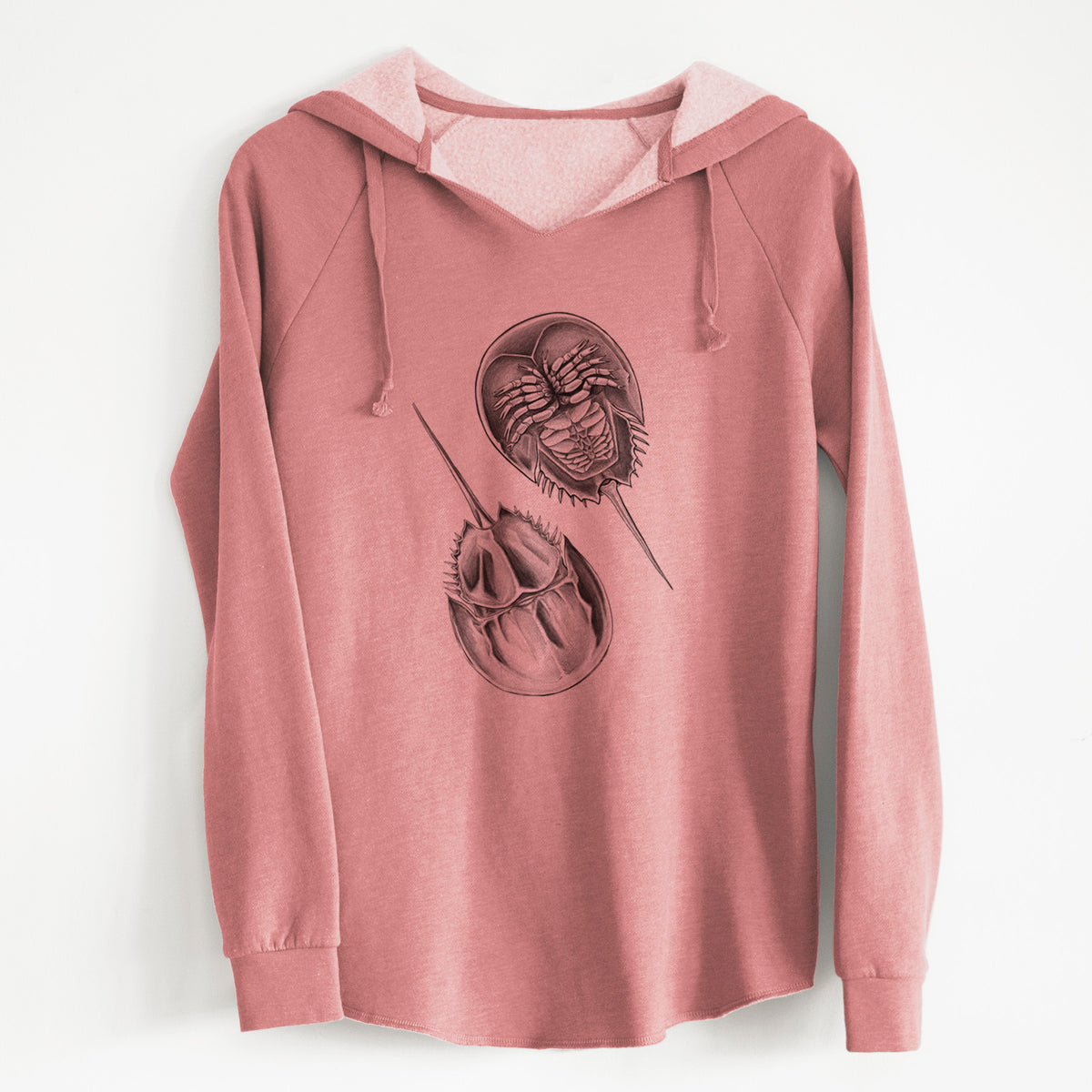 Dusty rose women's Cali Wave hooded sweatshirt laid flat, printed with a detailed black ink illustration of two horseshoe crabs.