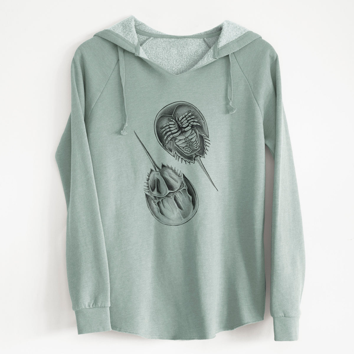 Sage green women's Cali Wave hooded sweatshirt laid flat, printed with a detailed black ink illustration of two horseshoe crabs.