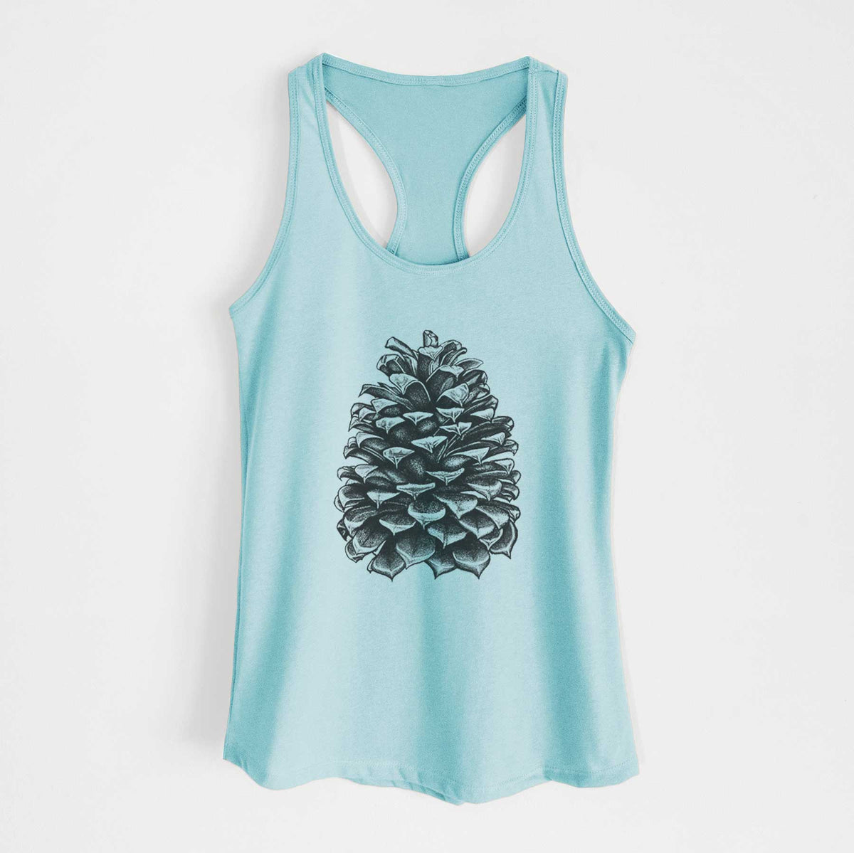 Cancun blue women's racerback tank top laid flat, printed with a detailed black ink illustration of a large Jeffrey pine cone.