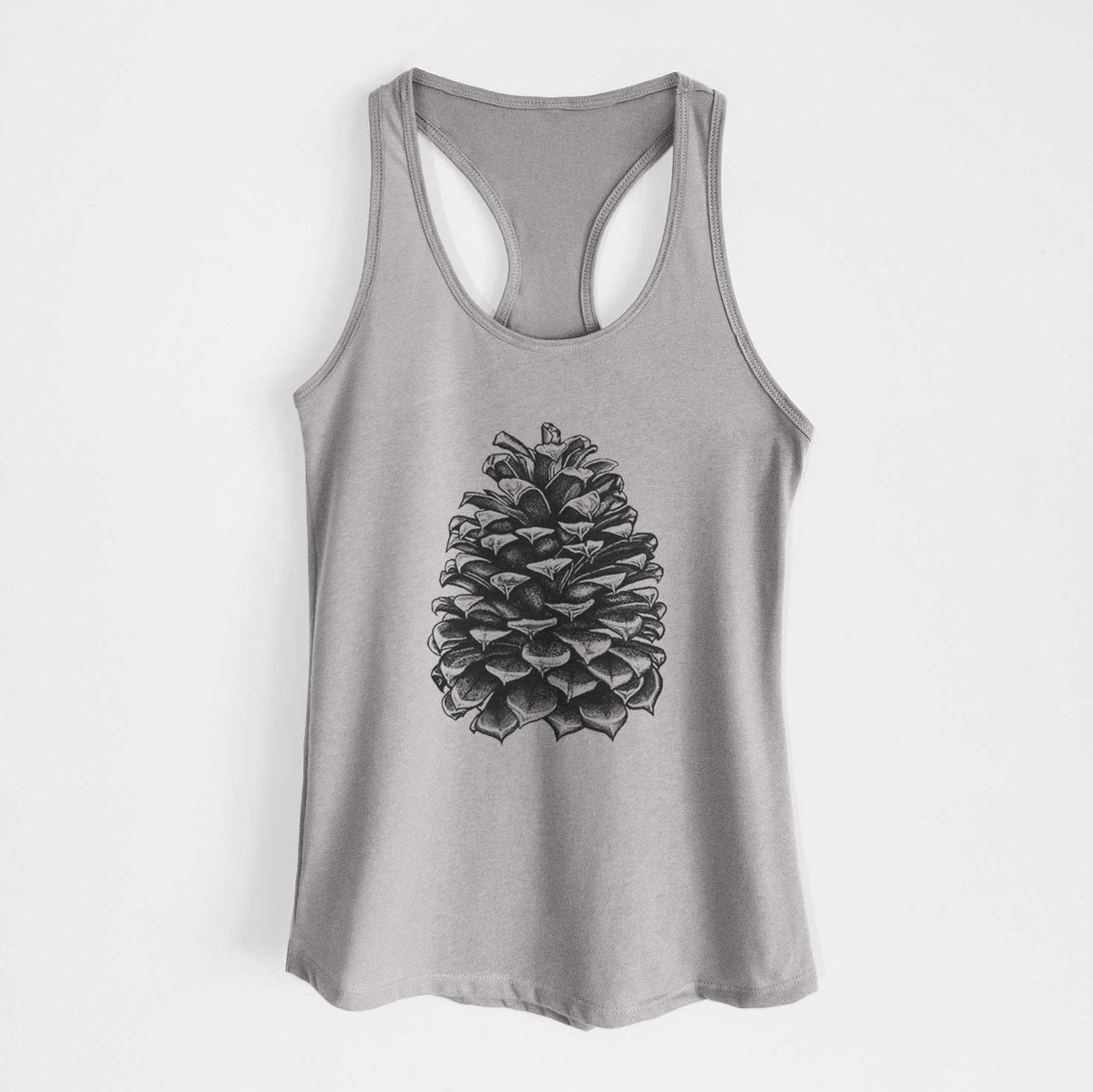 Heather grey women's racerback tank top laid flat, printed with a detailed black ink illustration of a large Jeffrey pine cone.