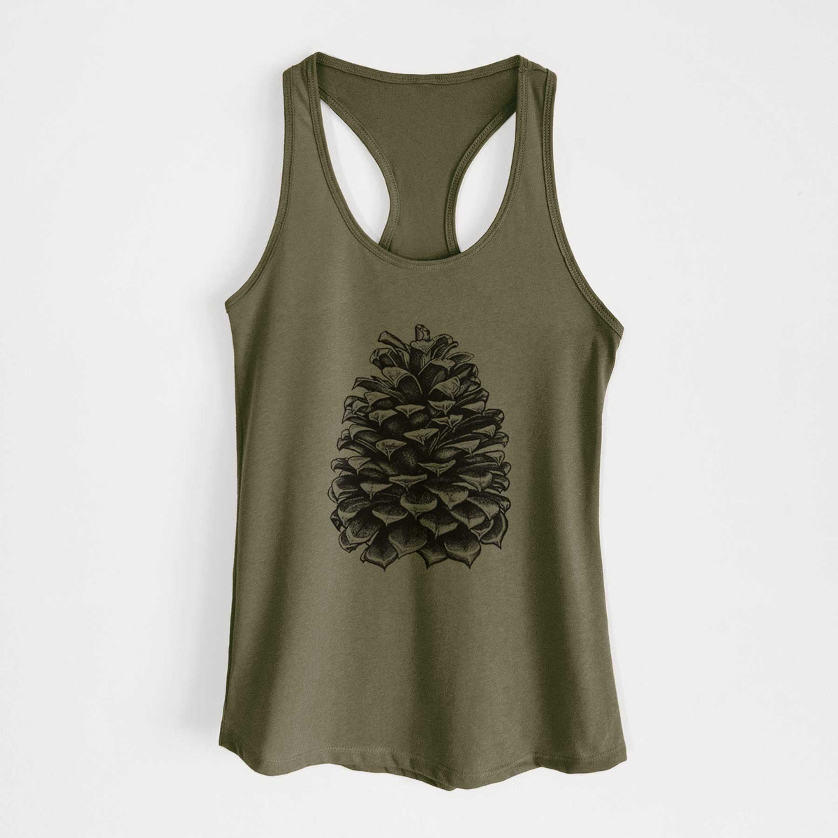 Military green women's racerback tank top laid flat, printed with a detailed black ink illustration of a large Jeffrey pine cone.