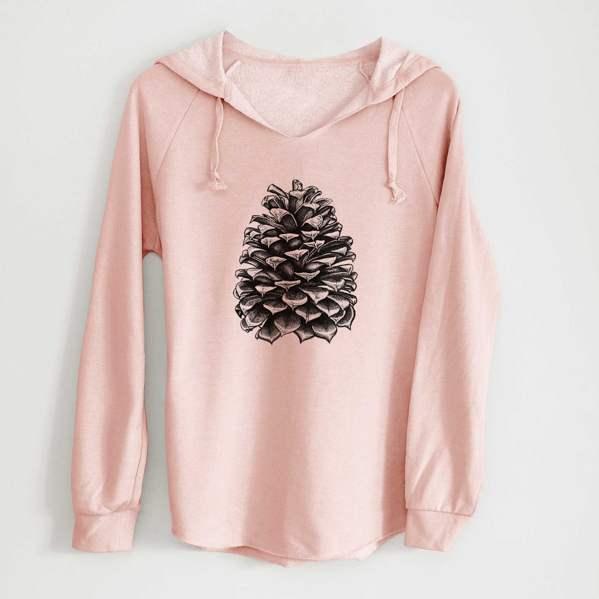 Blush pink women's Cali Wave hooded sweatshirt laid flat, printed with a detailed black ink illustration of a large Jeffrey pine cone.