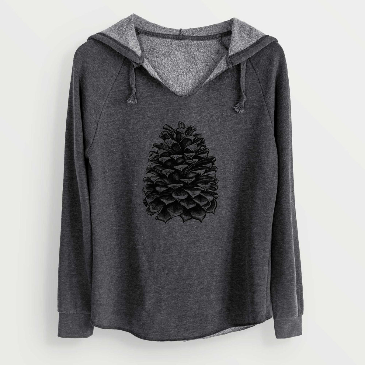 Charcoal grey women's Cali Wave hooded sweatshirt laid flat, printed with a detailed black ink illustration of a large Jeffrey pine cone.