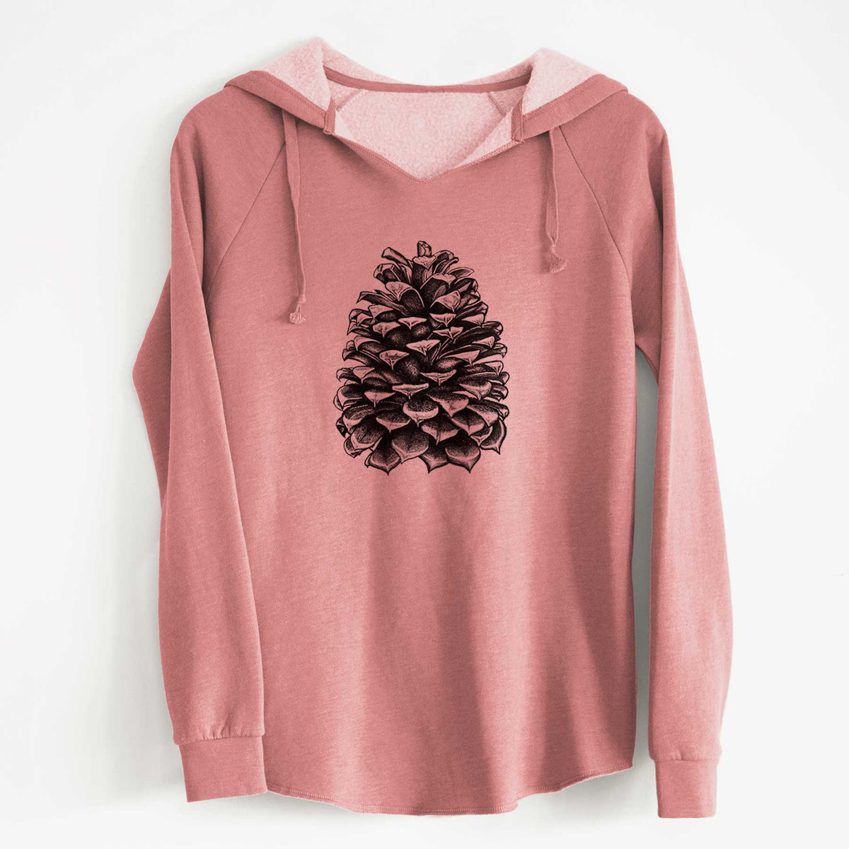 Dusty rose women's Cali Wave hooded sweatshirt laid flat, printed with a detailed black ink illustration of a large Jeffrey pine cone.