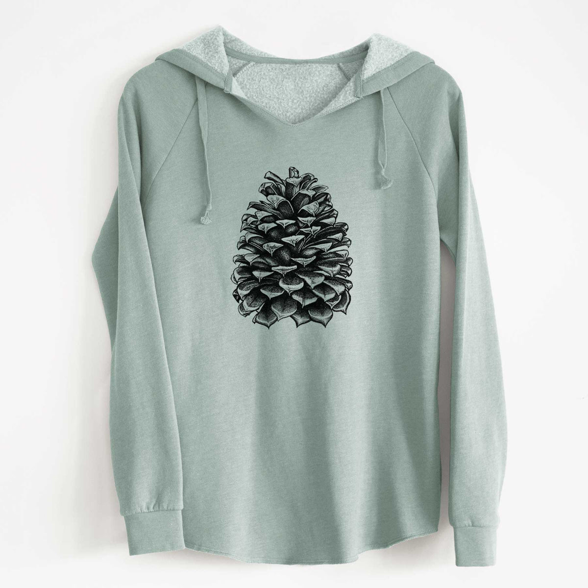 Sage green women's Cali Wave hooded sweatshirt laid flat, printed with a detailed black ink illustration of a large Jeffrey pine cone.