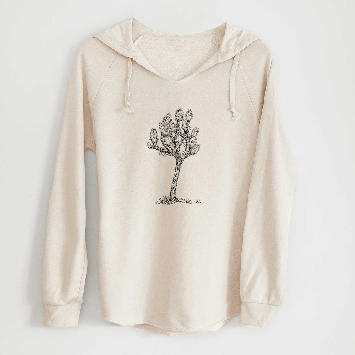 Bone cream women's Cali Wave hooded sweatshirt laid flat, printed with a detailed black ink illustration of a Joshua tree.