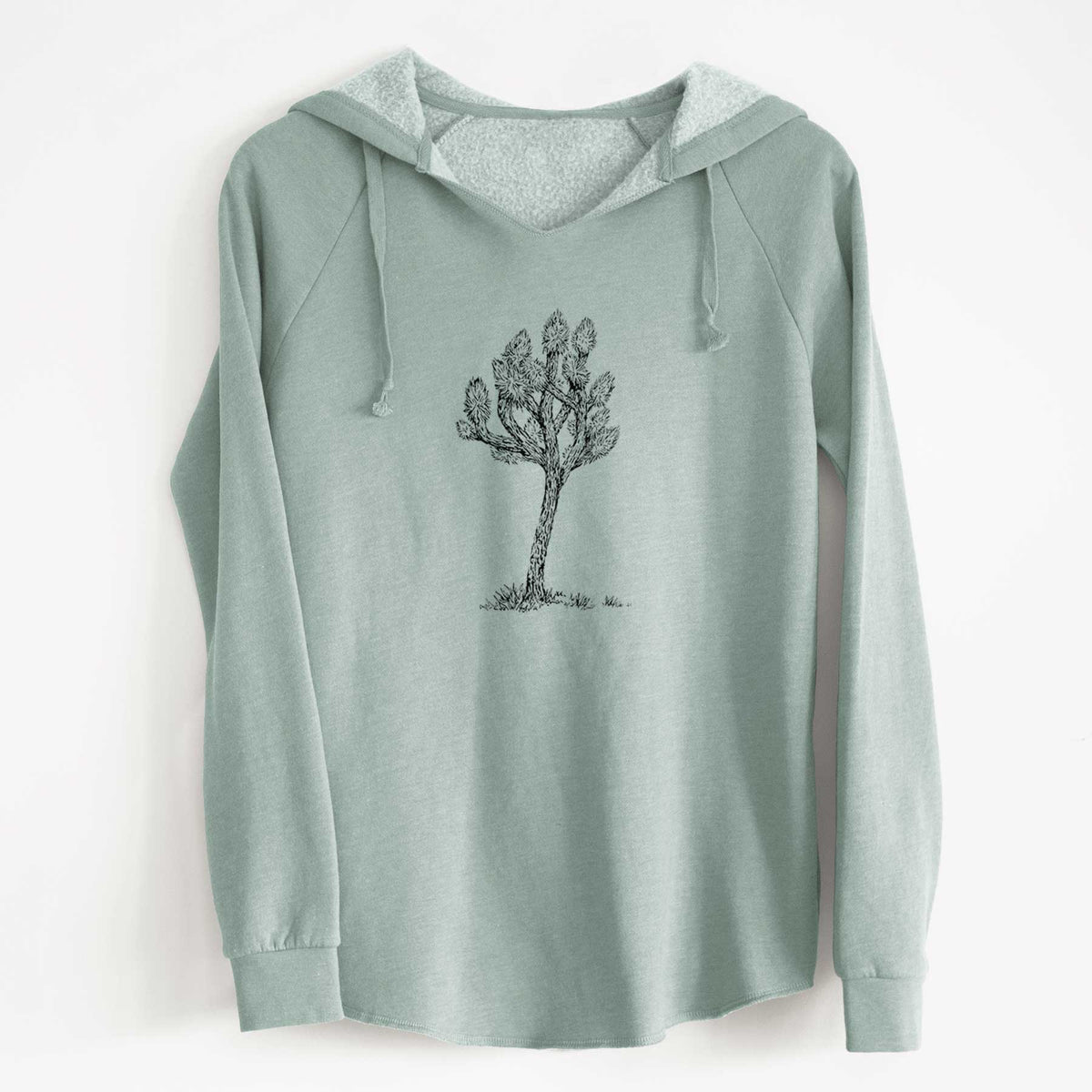 Sage green women's Cali Wave hooded sweatshirt laid flat, printed with a detailed black ink illustration of a Joshua tree.