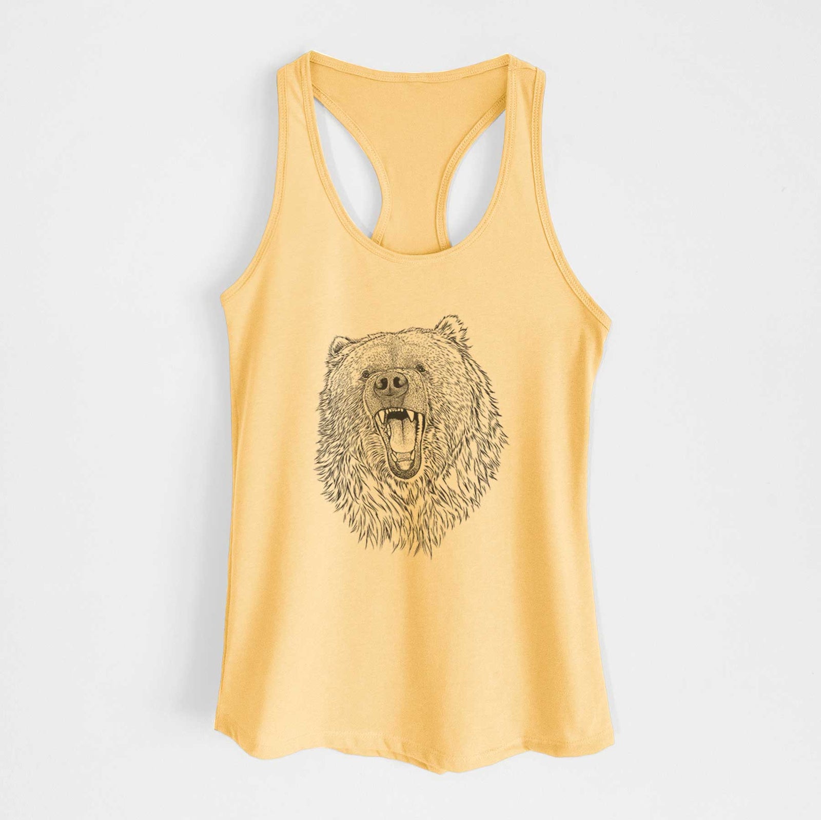 Banana cream women's racerback tank top laid flat, printed with a detailed black ink portrait of a roaring Kodiak bear facing forward.