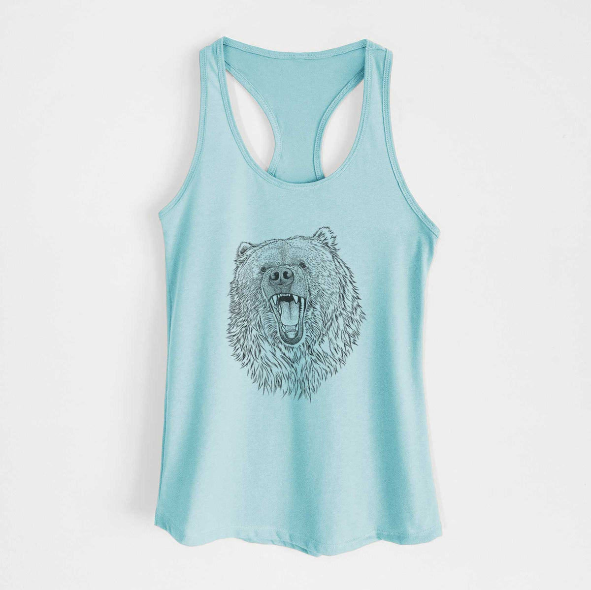 Cancun blue women's racerback tank top laid flat, printed with a detailed black ink portrait of a roaring Kodiak bear facing forward.