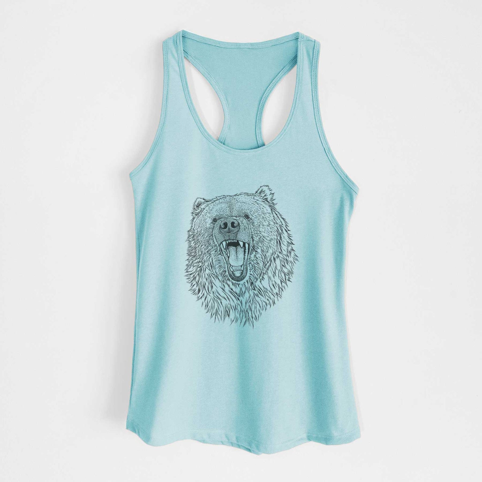 Banana cream women's racerback tank top laid flat, printed with a detailed black ink portrait of a roaring Kodiak bear facing forward.