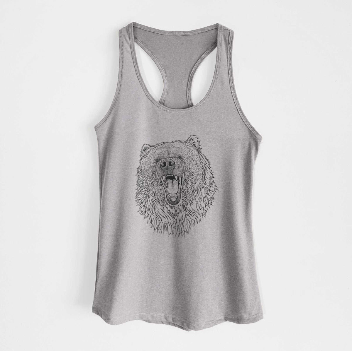 Heather grey women's racerback tank top laid flat, printed with a detailed black ink portrait of a roaring Kodiak bear facing forward.