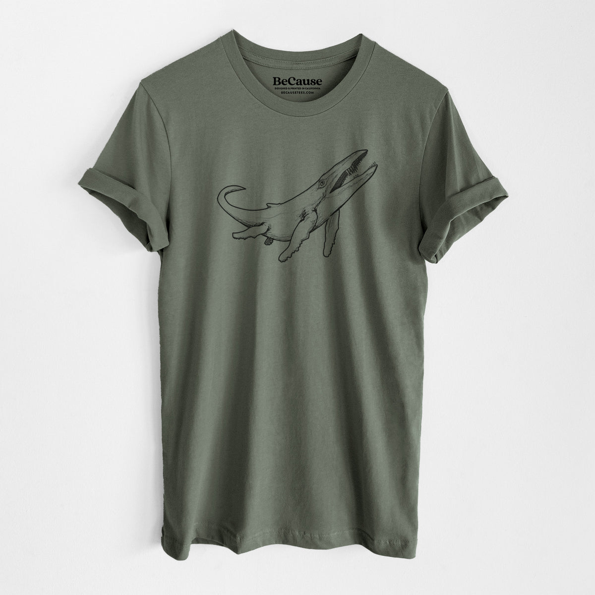 Military green lightweight cotton t-shirt laid flat, printed with a black ink illustration of a Kronosaurus marine reptile swimming.