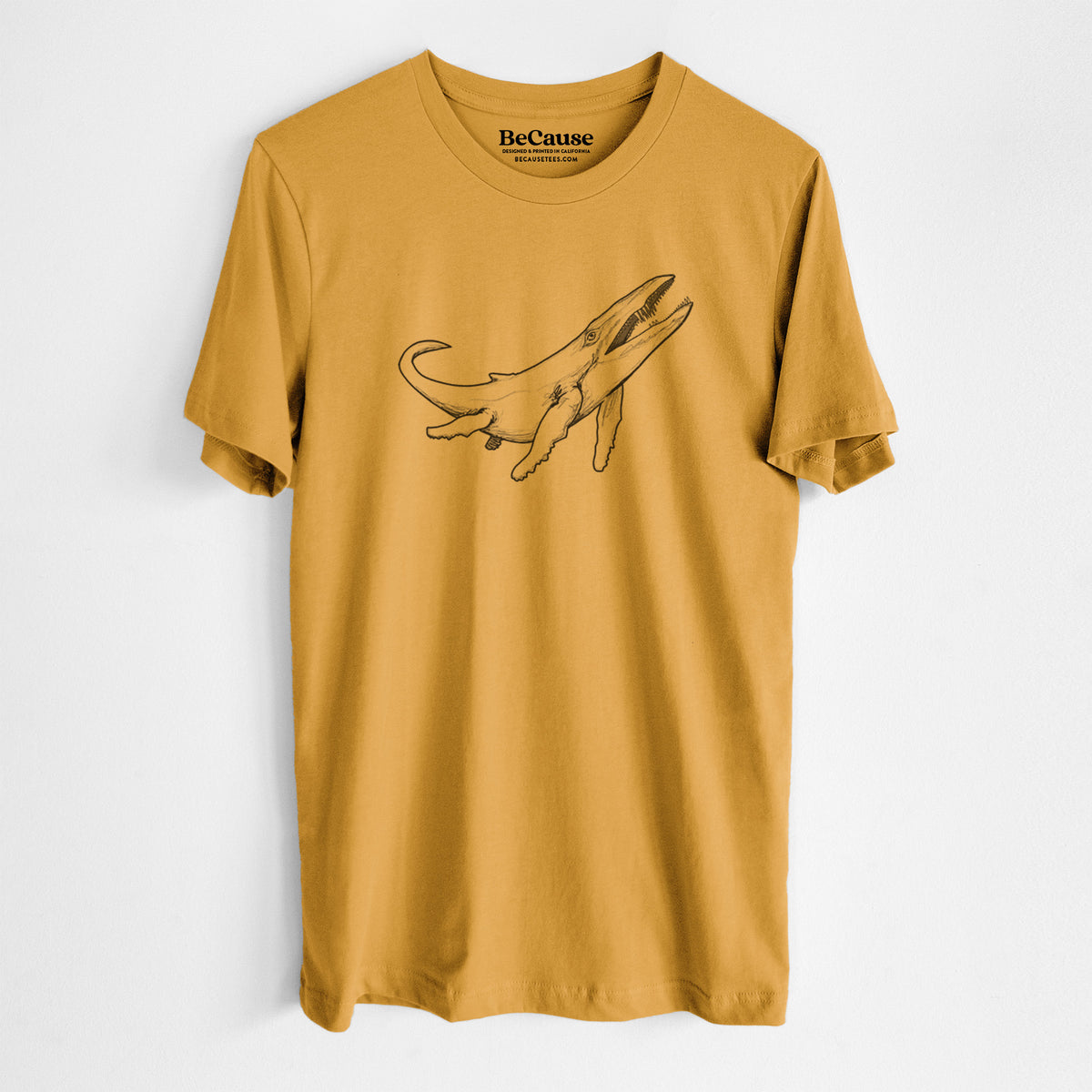 Mustard yellow lightweight cotton t-shirt laid flat, printed with a black ink illustration of a Kronosaurus marine reptile swimming.