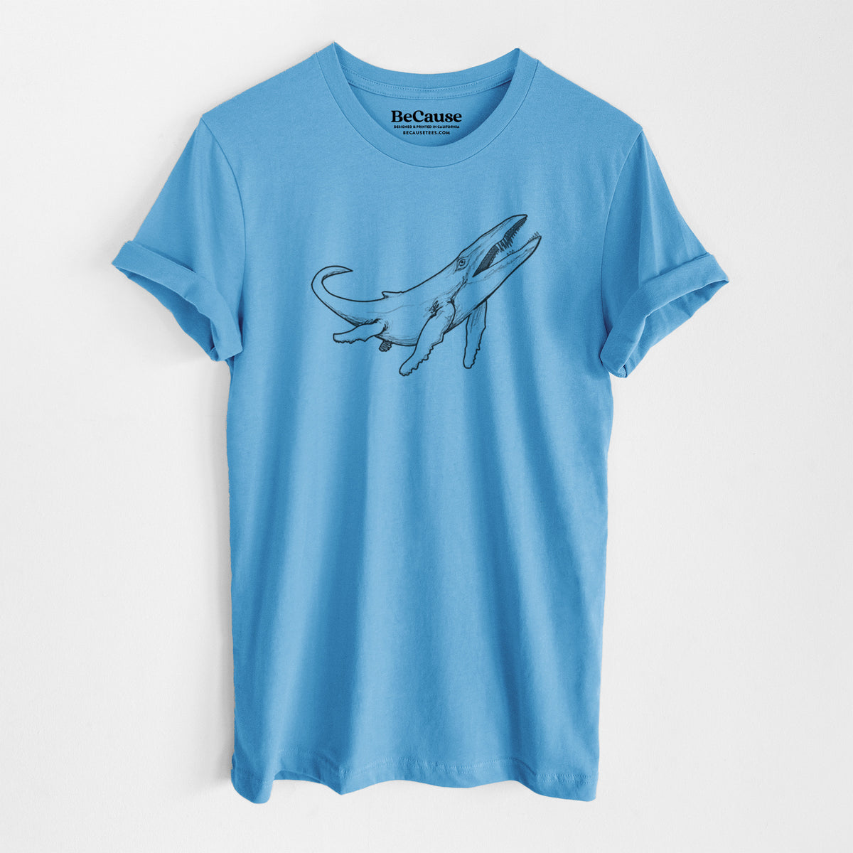 Ocean blue lightweight cotton t-shirt laid flat, printed with a black ink illustration of a Kronosaurus marine reptile swimming.