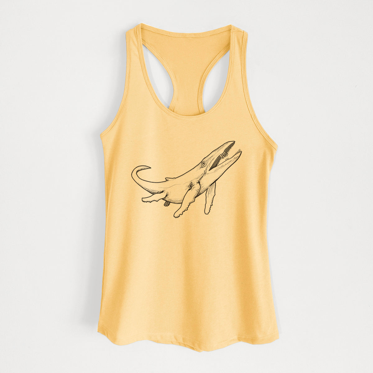 Banana cream women's racerback tank top laid flat, printed with a black ink illustration of a Kronosaurus marine reptile swimming.