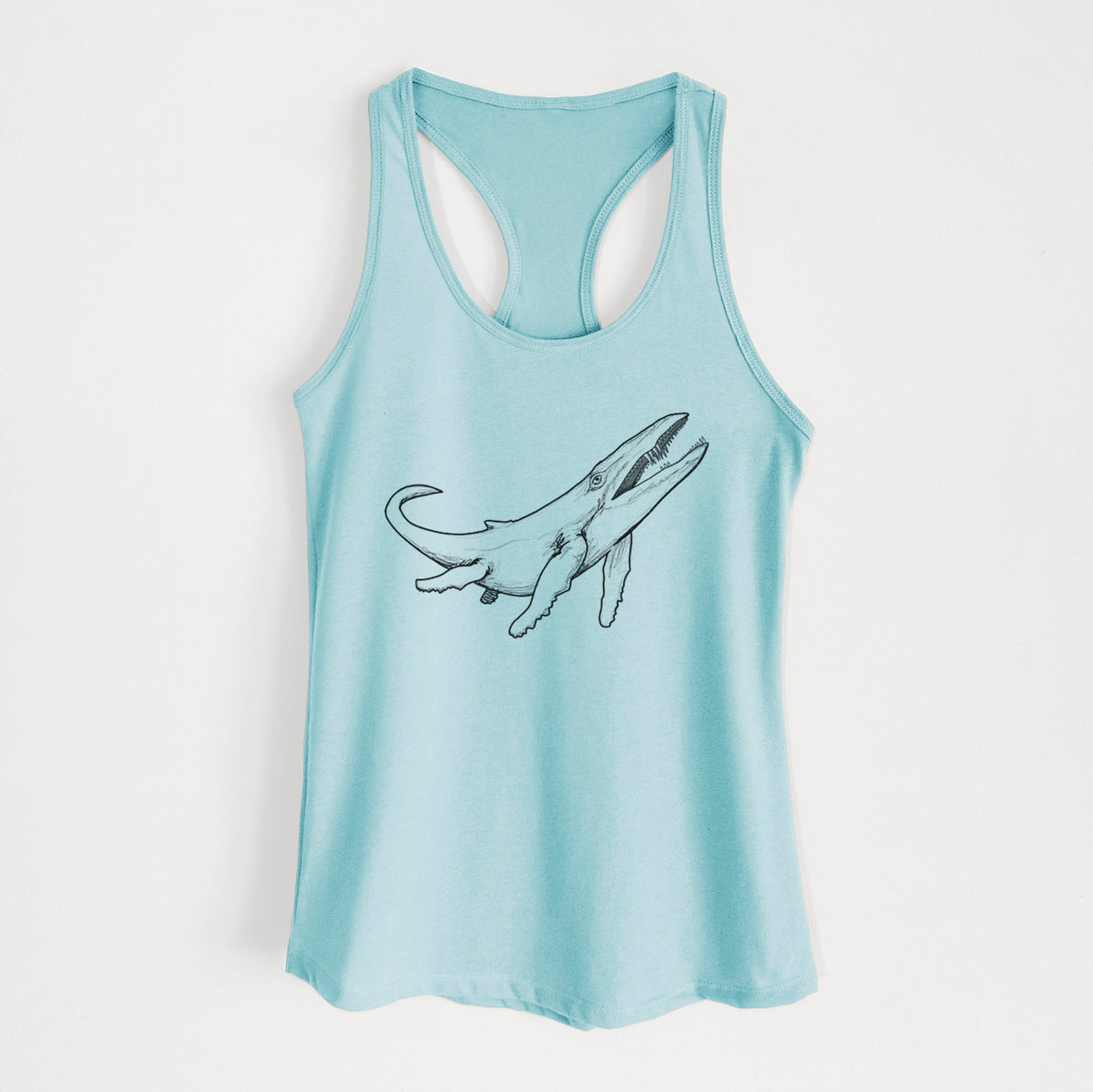 Cancun blue women's racerback tank top laid flat, printed with a black ink illustration of a Kronosaurus marine reptile swimming.