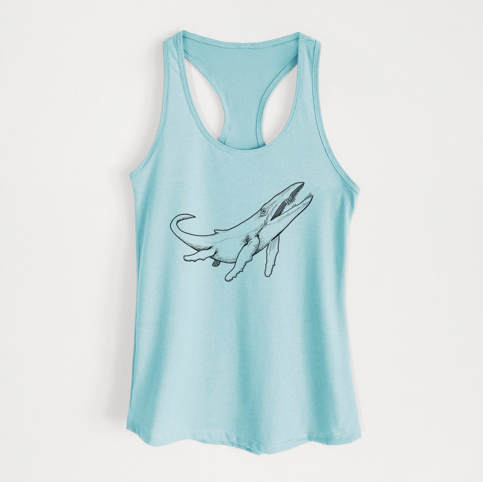 Banana cream women's racerback tank top laid flat, printed with a black ink illustration of a Kronosaurus marine reptile swimming.
