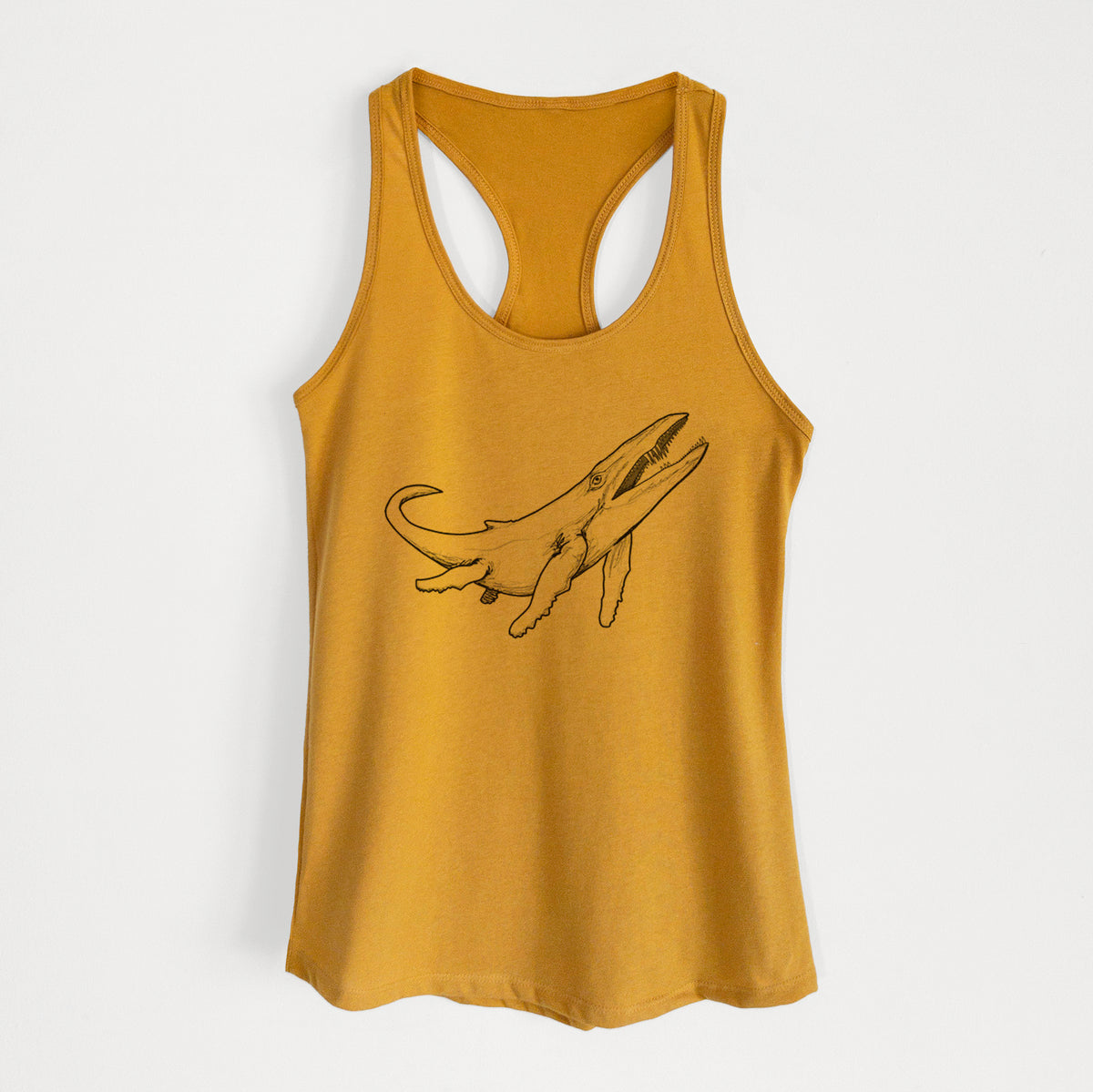 Gold women's racerback tank top laid flat, printed with a black ink illustration of a Kronosaurus marine reptile swimming.