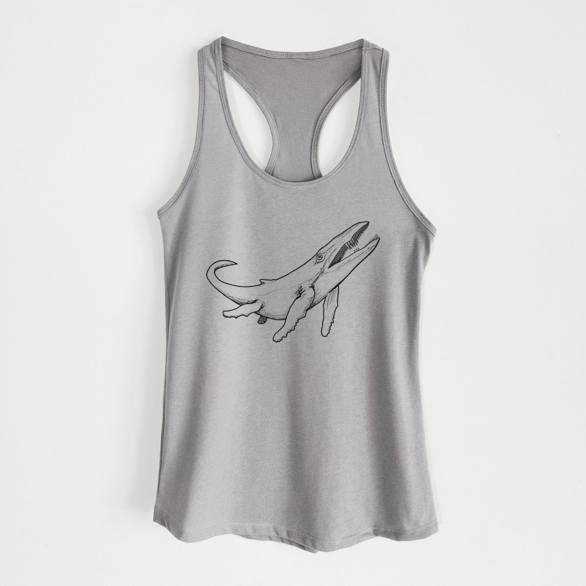 Heather grey women's racerback tank top laid flat, printed with a black ink illustration of a Kronosaurus marine reptile swimming.
