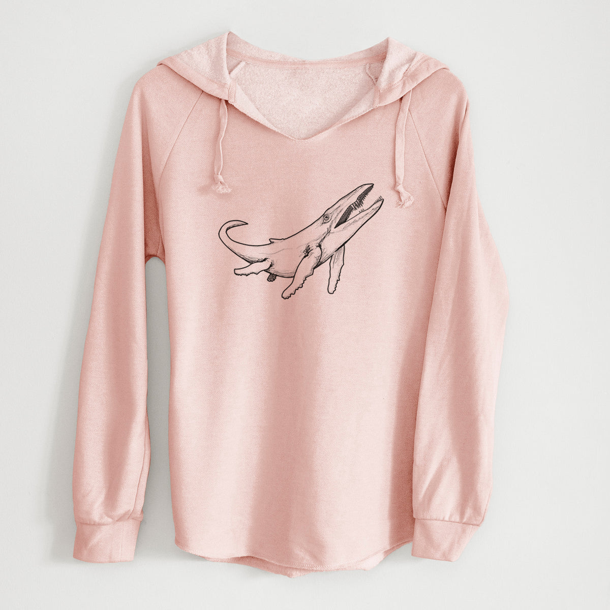 Blush pink women's Cali Wave hooded sweatshirt laid flat, printed with a black ink illustration of a Kronosaurus marine reptile swimming.