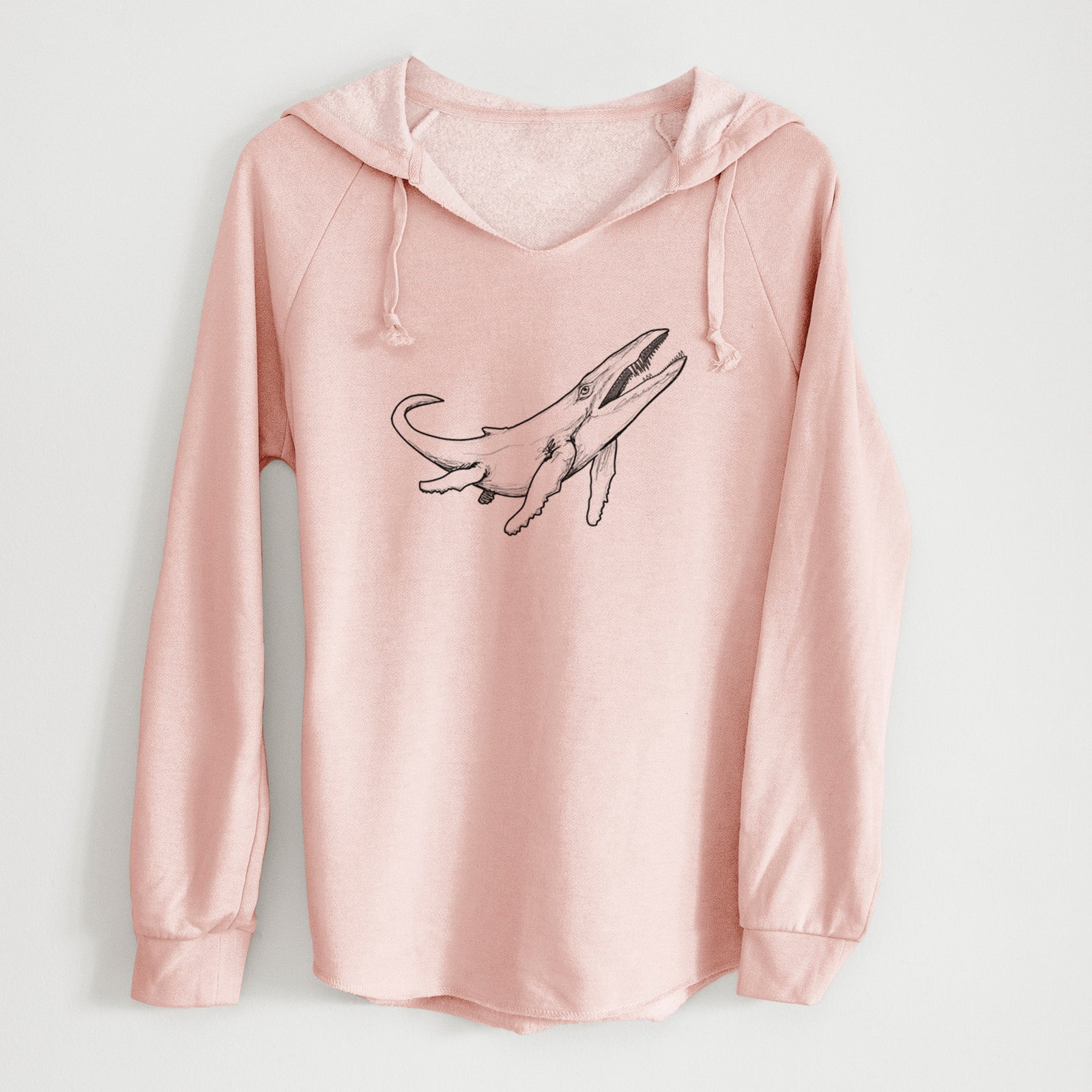 Sage green women's Cali Wave hooded sweatshirt laid flat, printed with a black ink illustration of a Kronosaurus marine reptile swimming.